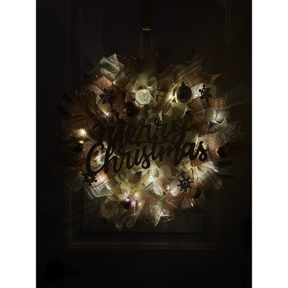 Christmas Snowflake Holiday Ribbon Door Wreath Handmade 22 ins LED W43 Gold - Picture 12 of 12